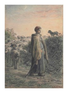 Bergère et son troupeau à la nuit tombée