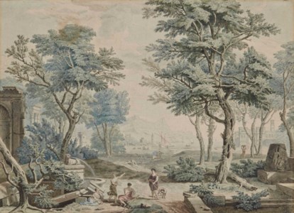 Personnages près d'une fontaine, un port à l'arrière-plan; et Personnages à l'antique près d'une rivière dans un parc