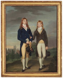 Portrait of two Eton Schoolboys, in ad Montem dress, Eton Chapel beyond