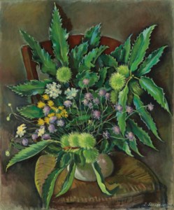 Still life with sweet chestnut, field scabious, ground elder and black salsify
