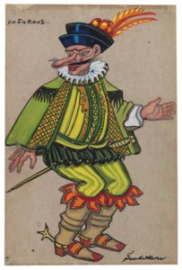 Three Commedia dell'arte costume designs: Jester, Pantalone and Captain
