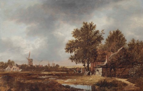A Haarlem landscape with figures working in the bleaching fields, a village and windmills beyond