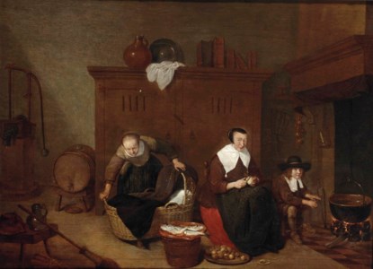 A kitchen interior with a maid peeling turnips, a woman tending to a baby and a boy warming his hands by the fire