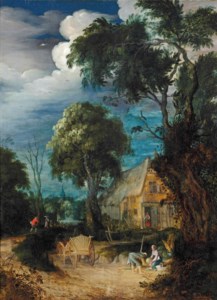 A wooded landscape with figures resting by a cottage, a horsedrawn cart and herdsmen nearby