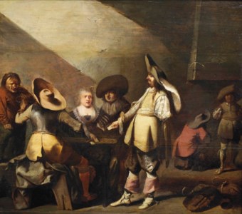Soldiers playing cards in an interior