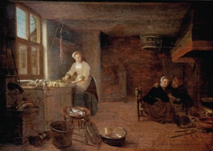 A kitchen interior with a woman preparing a meal and a couple by the fireplace