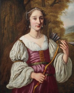Portrait of a young lady as Diana, half-length, in a violet dress and pearl jewellery, holding a bow and quiver