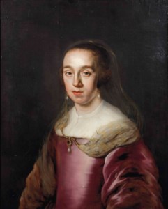 Portrait of a lady, half-length, in a purple dress, with a gold embroided veil, a precious stone with pearl jewel pendant and pearl earrings