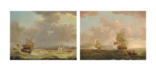 A warship saluting a British two-decker as she runs up the Strait of Dover in the Channel; and Shipping in a stiff breeze off a Channel port (both illustrated)