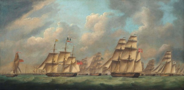 An English frigate escorting a large international merchant convoy