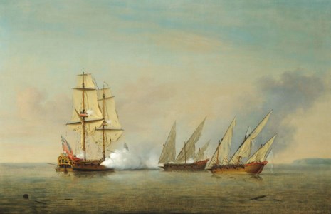 A Royal Navy sloop, most probably H.M.S. Greyhound , in action with two heavily-armed Spanish galleys