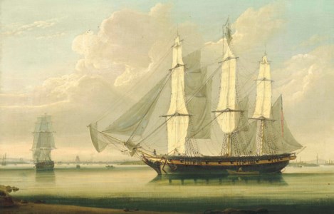 An armed packet drifting along the Thames off Woolwich with Galleons Reach astern of her and the East India Dock and its masting house observed off her starboard bow
