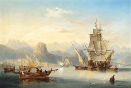 Local craft and a saluting frigate in the bay of Rethymnon, Crete, with the port citadel rising to the left and Mount Ida seen in the distance beyond
