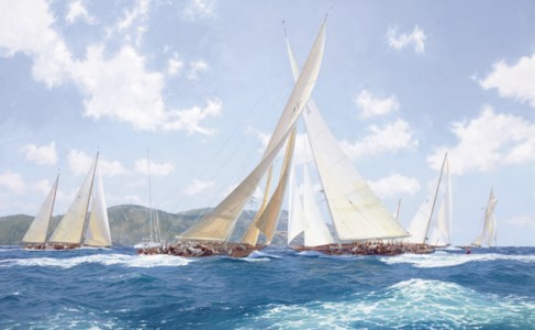 Endeavour crosses ahead; Valsheda and Endeavour racing 1999, Antigua Classics Regatta