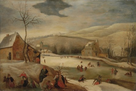 A winter landscape with the Holy Family warming themselves by a fire, skaters and sledgers on a frozen river beyond