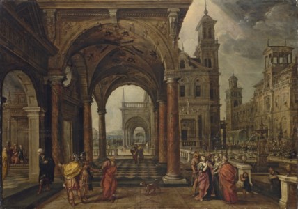 A capriccio , with Daniel demanding justice for Susannah under an arched colonnade, a formal garden beyond