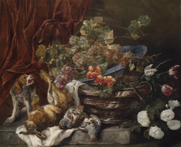 Grapes and apricots in a porcelain bowl on a marble pot with flowers, dead partridges, a hare, and a spaniel barking at a monkey on a stone ledge