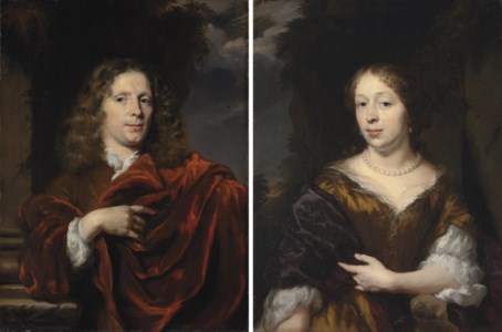 Portrait of a gentleman, half-length, in a red mantle, beside a column; and Portrait of a lady, half-length, in a golden dress with a blue mantle, and pearls, in a landscape