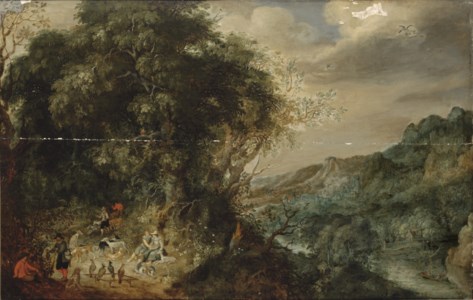 An extensive forest landscape with a hunting party at rest, a town in a mountain valley beyond