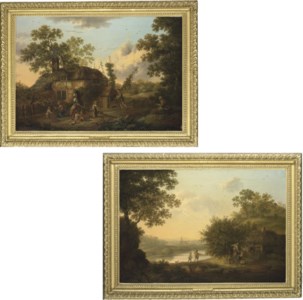 Hop Pickers, in a cottage yard; and Apple Pickers, by a stream, the Cathedral and City of Chichester beyond