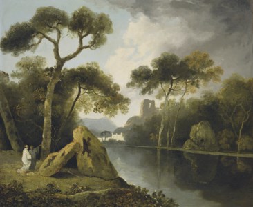 A river landscape with monks conversing by a pair of megaliths, ruins beyond