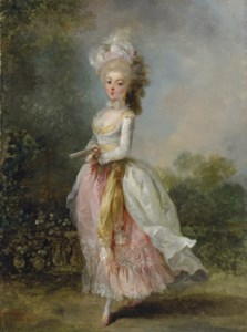 Portrait of a lady, said to be Marie-Madeleine Guimard, called Mademoiselle Guimard, ballerina of the Paris Opéra (1743-1816), full-length, in a pink-and-white dress with a yellow sash and a feathered hat, holding a fan