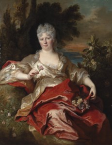 Portrait of a lady, traditionally identified as the Duchess of Phalaris, seated, three-quarter-length, in a red and gold silk dress, as Flora