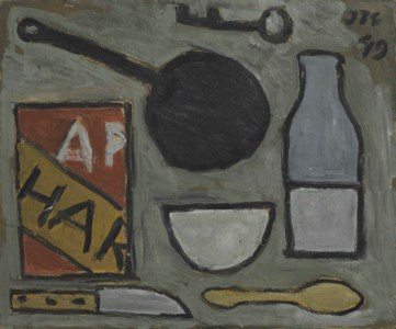 Objetos sobre plano gris (also known as Still Life with Black Pan)