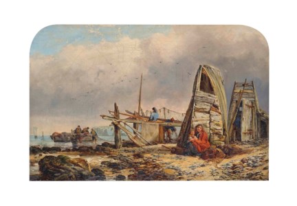 Fisherfolk on a beach