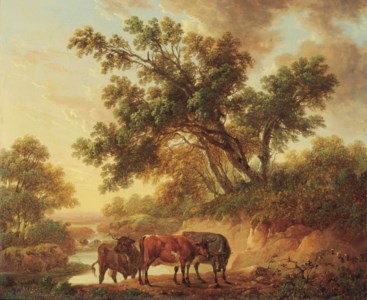 Cattle by a river, evening