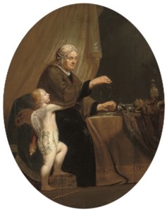 An old woman weighing gold, Cupid by her side