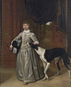 Portrait of a boy, full-length, in a gold-embroidered grey costume with a feathered hat and a cane, his hand on the head of a lurcher, with a garden seen through the door behind