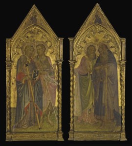 Saint James the Great and Saint John the Baptist, with the Angel of the Annunciation in a trefoil above; and Saint Andrew and Saint Anthony Abbott, with the Virgin Annunciate in a trefoil above - the outer wings of an altarpiece