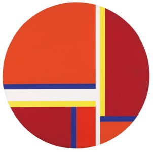 Red Tondo with Blue, Yellow, and White Lines