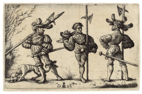 Three German Soldiers with Halberds and a Dog (B. 61; Holl. 69)