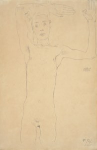 Stehender männlicher Akt mit erhobenen Armen (Selbstbildnis) (recto); Baumstudie (verso)