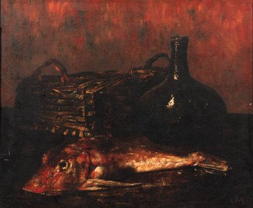 A still life with a fish, a bottle and a wicker basket