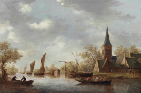 A river landscape with figures fishing, with rowing and sailing boats, a church beyond