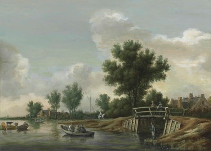 A river landscape with an angler on a shore, rowing boats, two men observing from a bridge, a man on horseback and a village beyond