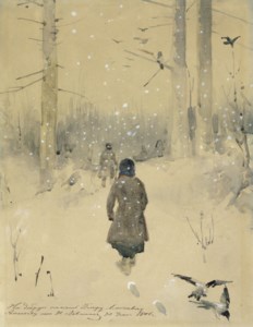 Hunters trekking through a winter landscape