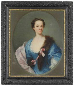 Portrait of a lady, half-length, in a blue dress, pink wrap and fur stole, in a feigned oval