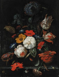 Roses, parrot tulips, poppies, morning glory, a carnation, an iris, paeonies and other flowers, with ears of corn in a glass vase with snails, a spider and other insects on a stone shelf in an alcove