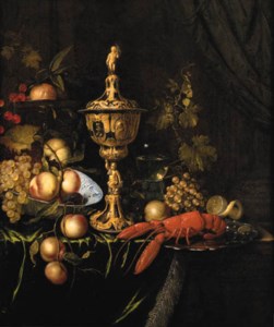 A lobster on a silver dish, an ornamental gold cup and cover, peaches, grapes and plums in a porcelain bowl, cherries and oranges on a silver tazza , a partly peeled lemon and a roemer on a partly draped ledge