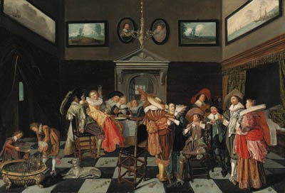 Elegant company making music and carousing in an interior