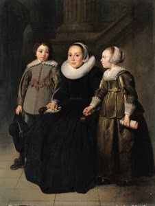 Portrait of a lady, full-length seated, in a black dress with white ruff and cap, holding a handkerchief, with her son in a grey doublet with slashed sleeves, holding a hat, and her daughter in a green dress with white collar and cuffs and embroidered cap, holding a doll