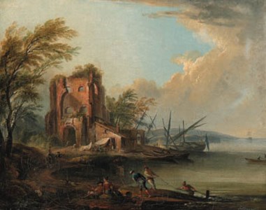 A coastal landscape with fishermen and beached boats by a farmhouse