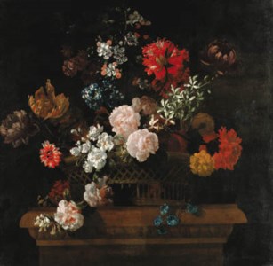 Roses, convolvulus, spider lilies, parrot tulips, a paeony and other flowers in a basket on a pedestal