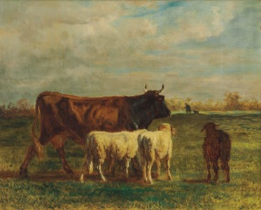 Une vache brune et deux moutons en marché dans un prairie