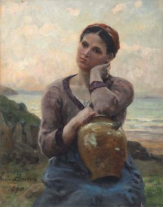 Jeune paysanne à la cruche sur fond de mer