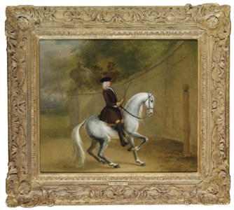 A gentleman on a grey at a riding school executing a reinback on a single rein